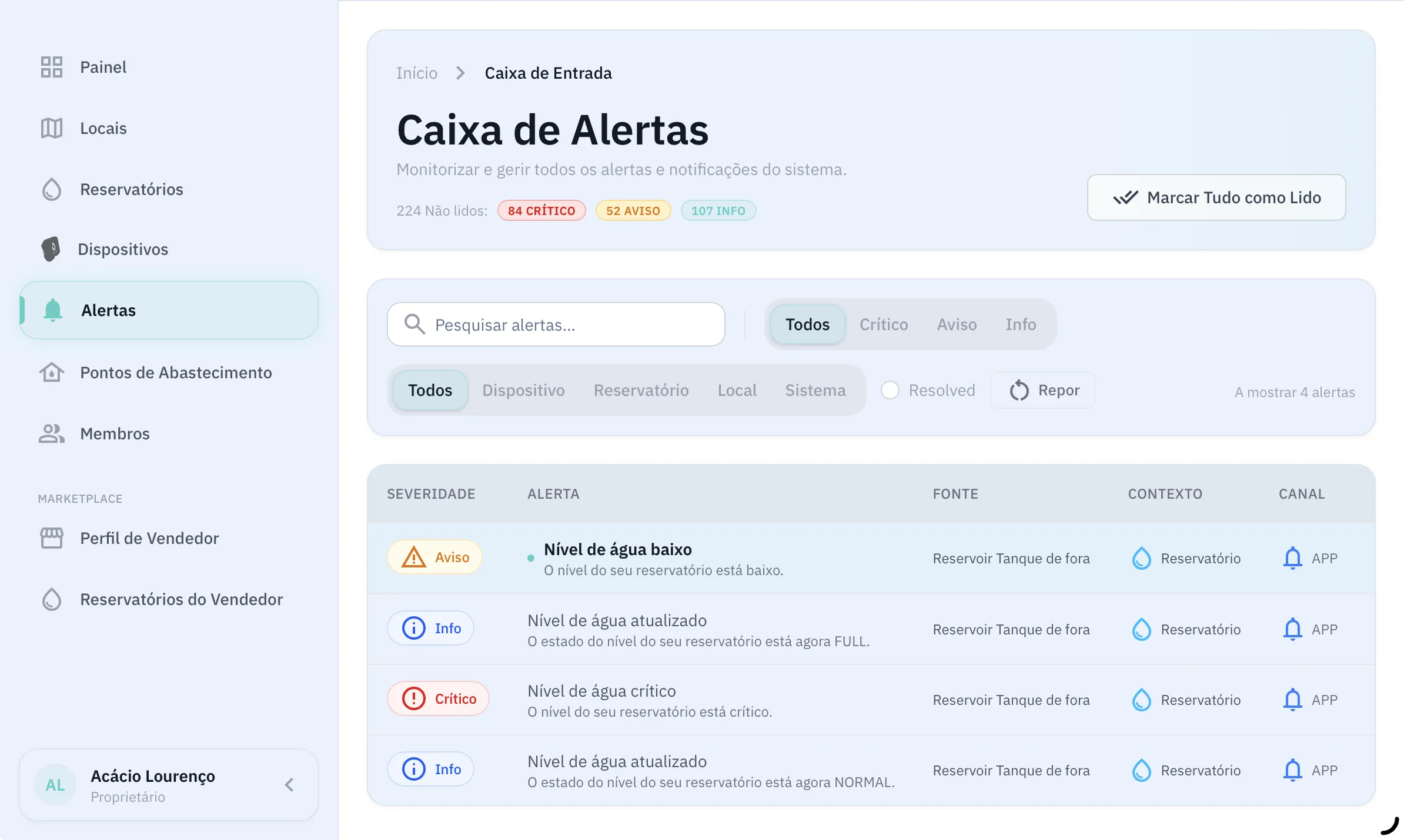 Painel de alertas do portal web Jila