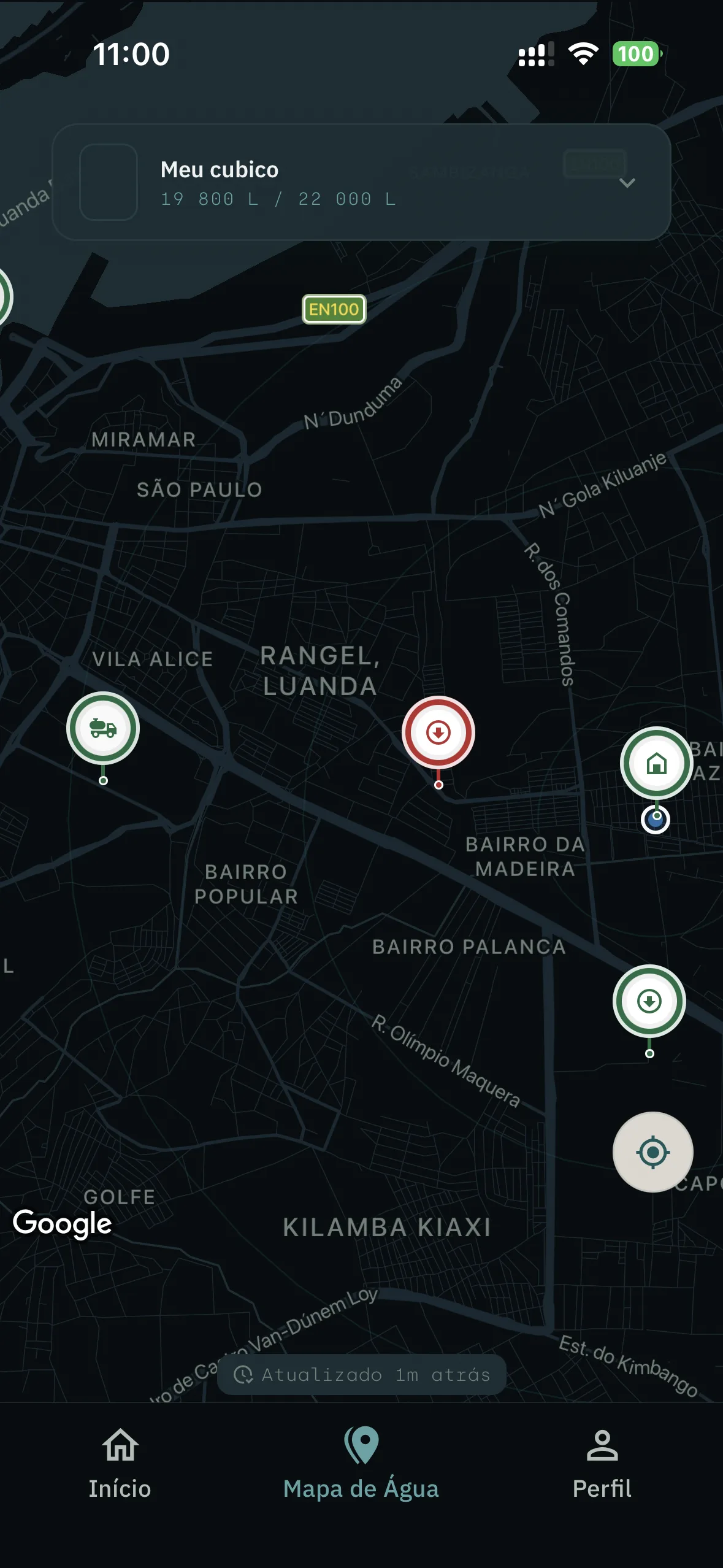 Mapa de Água da app Jila com reservatórios listados por perto