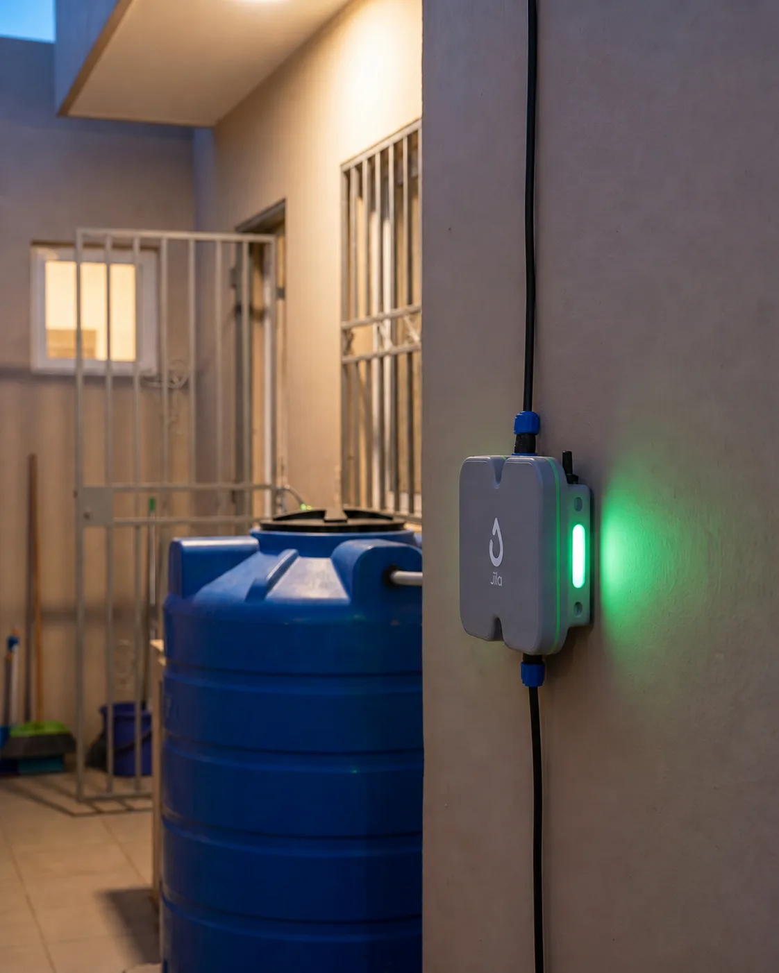 Aparelho Jila instalado perto de um tanque com luz LED verde